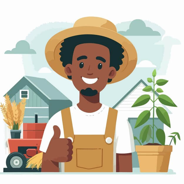 Illustration of a farmer in overalls holding a bag of TamuBoost product.